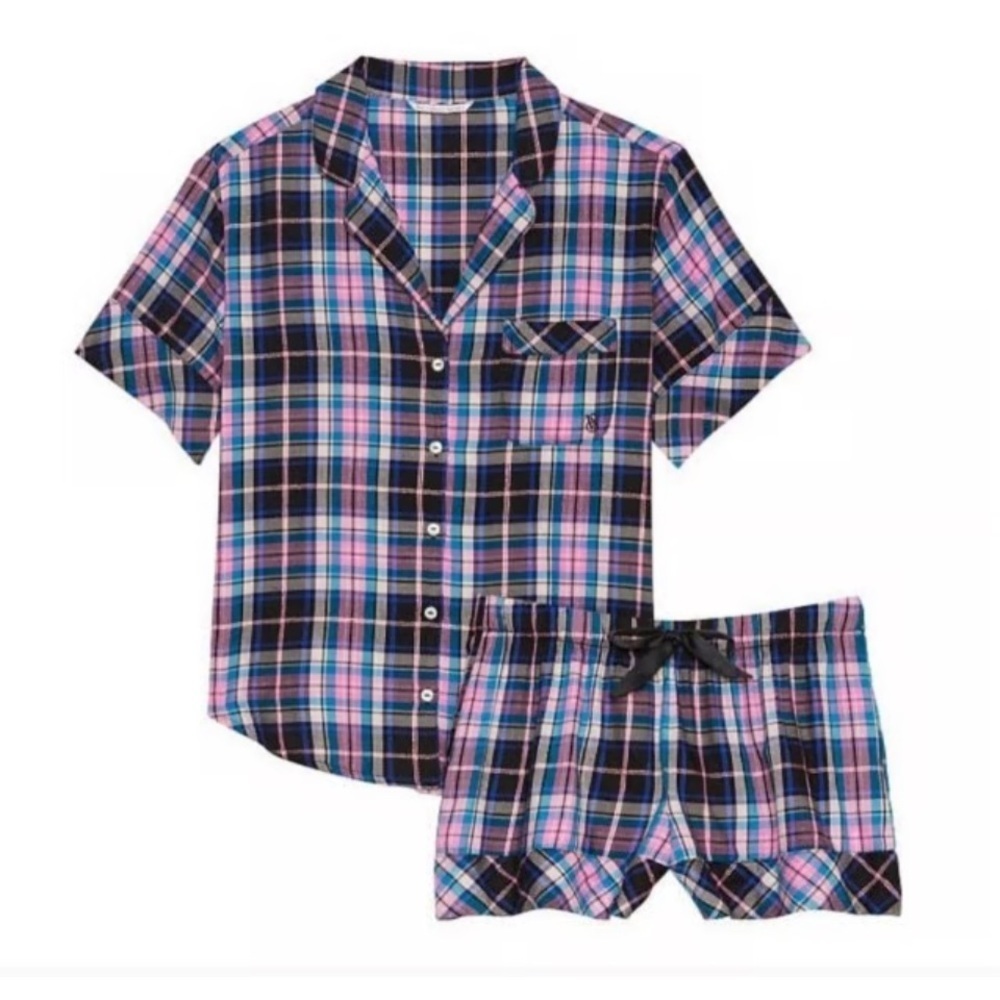 Victoria's Secret Pink Blue Flannel Pajama Set Plaid Size S Cozy Comfy Y2K